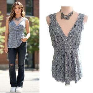 Y2K Michael Kors Blue Grey Geometric Layered VNeck Tunic Tank Top Large
